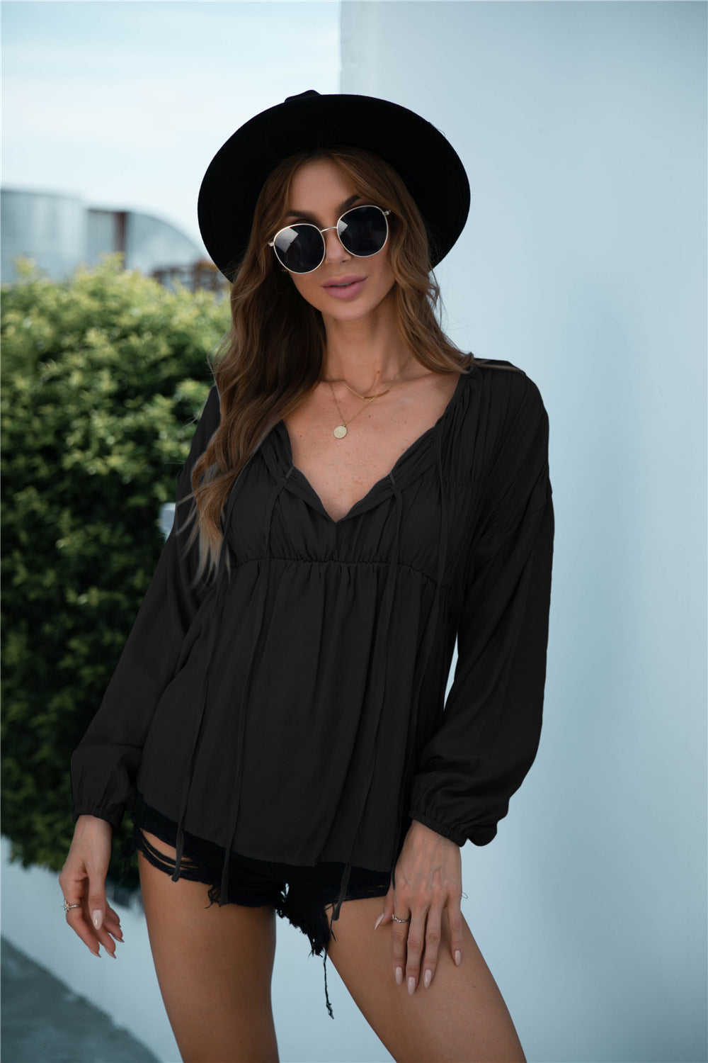 Solid Color Lace-up Pleated Top