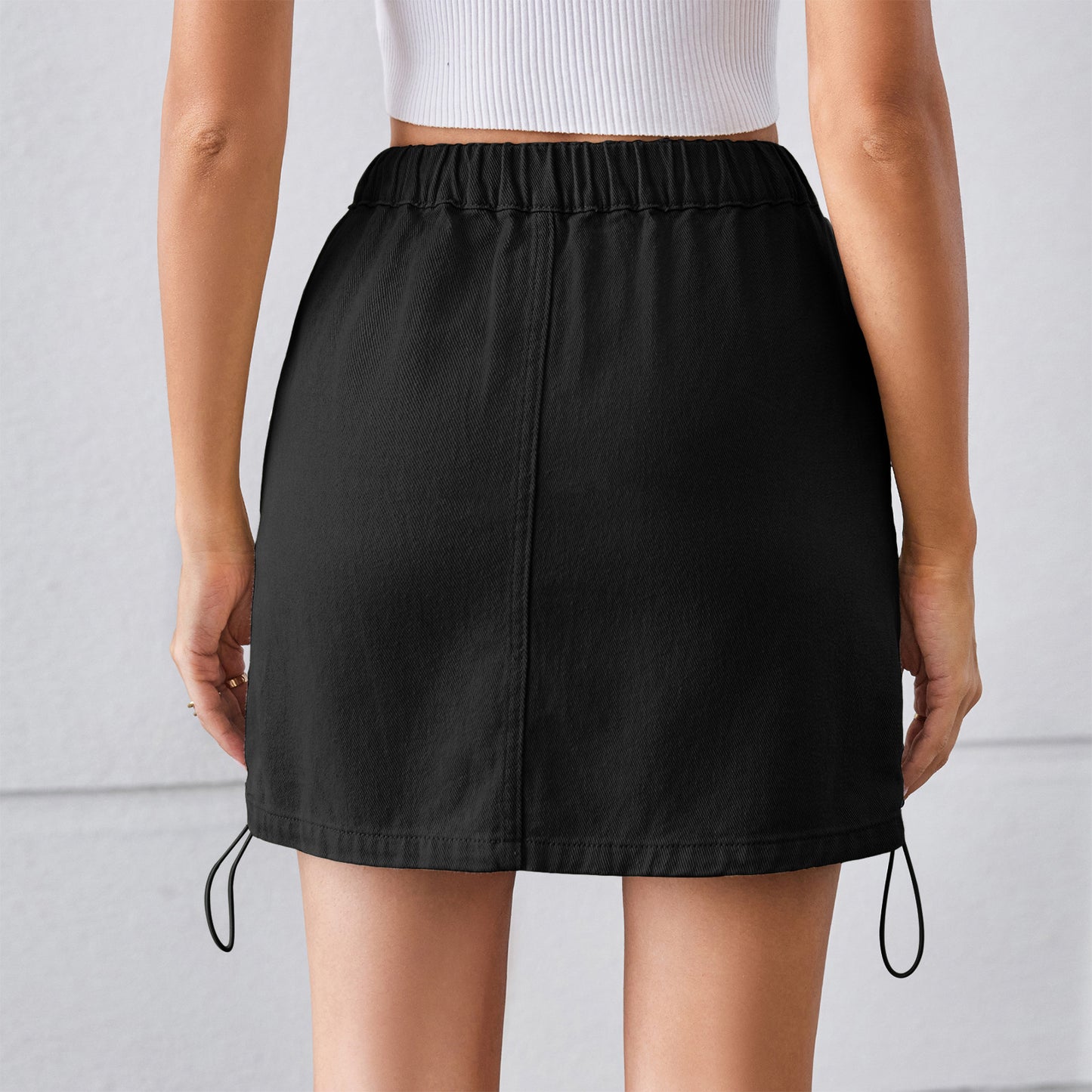 Summer Washed Drawstring Elastic Waist Denim Skirt