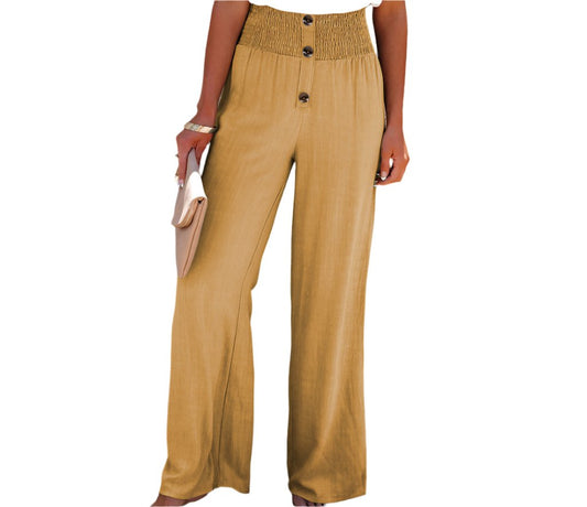 Casual Button Elastic Waist Wide Leg Pants