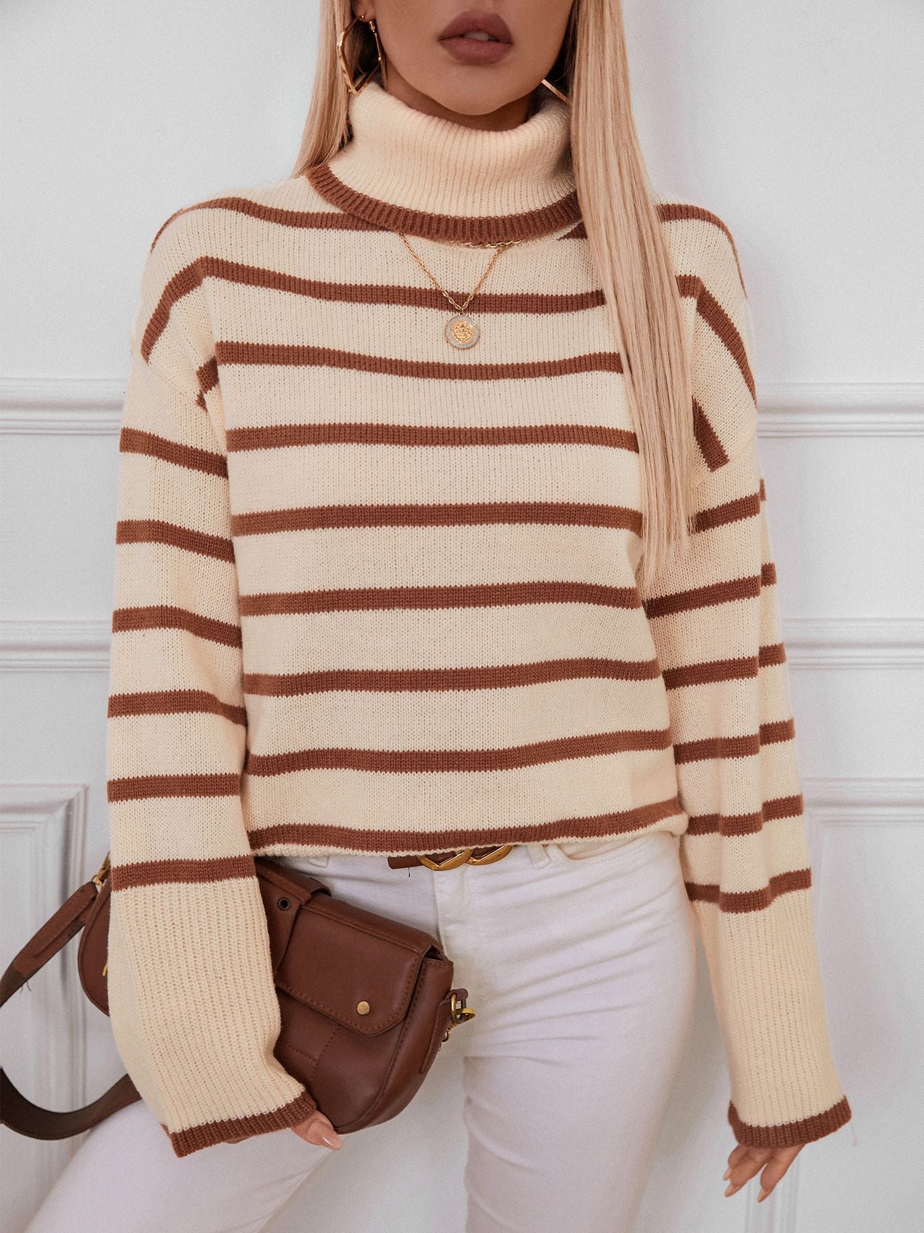 Knitting Pullover Collared Striped Turtleneck Sweater