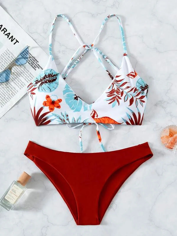 Floral Swimsuit Criss Cross Split Bikini