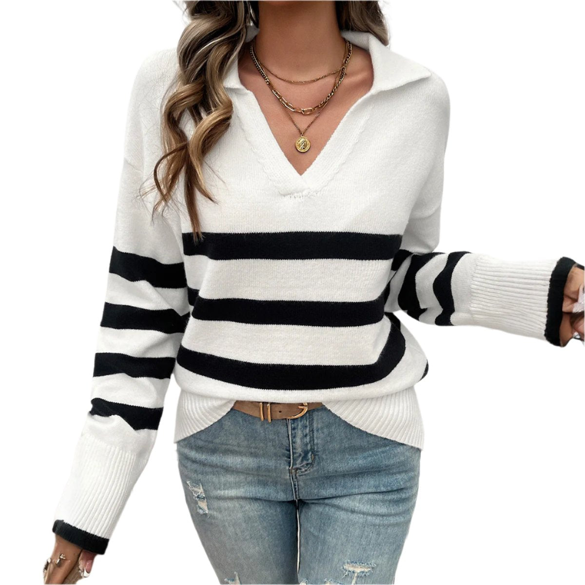 Casual Contrast Color Lapels Sweater