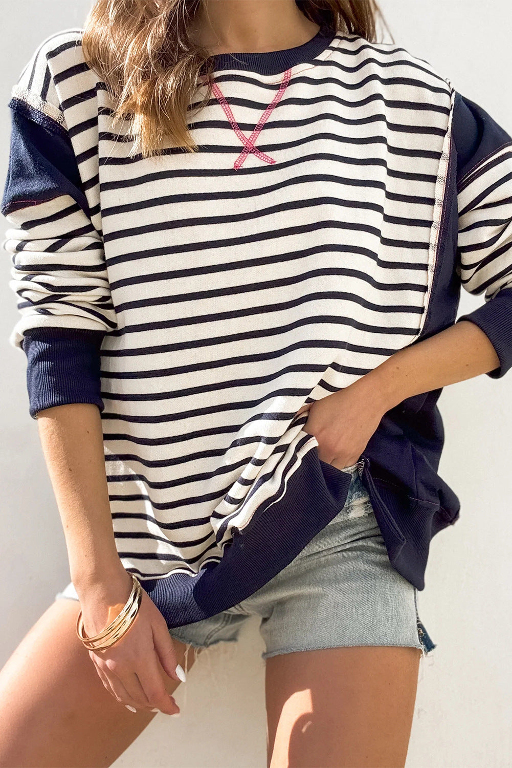 Multicolor Hoodie Striped Color Contrast Long Sleeve Pullover Sweater