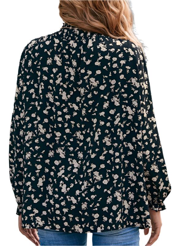 Turtleneck Ruffle Sleeve Floral Smocking Shirt