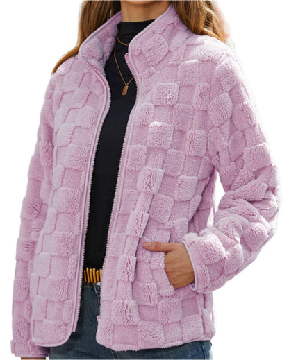 Autumn Winter Long Sleeve Zipper Plaid Plush Coat