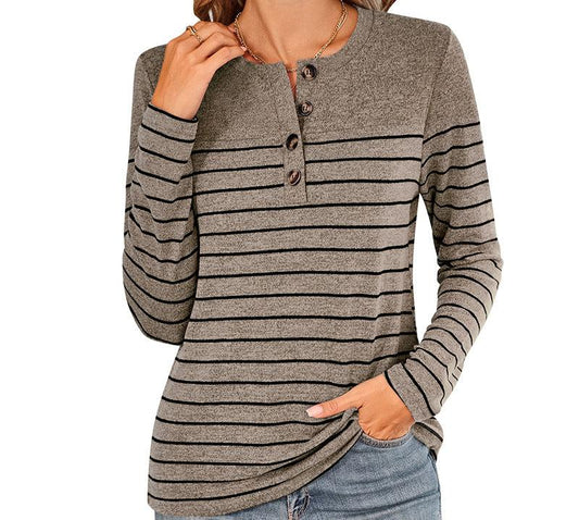 Striped Contrast Color Half Button Long-Sleeve Top