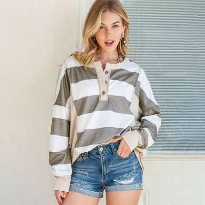 Loose Simple Casual Pullover Long Sleeve Striped Contrast Sweatshirt