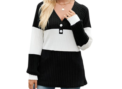 Long Sleeve Contrast Color Loose Sweater Top