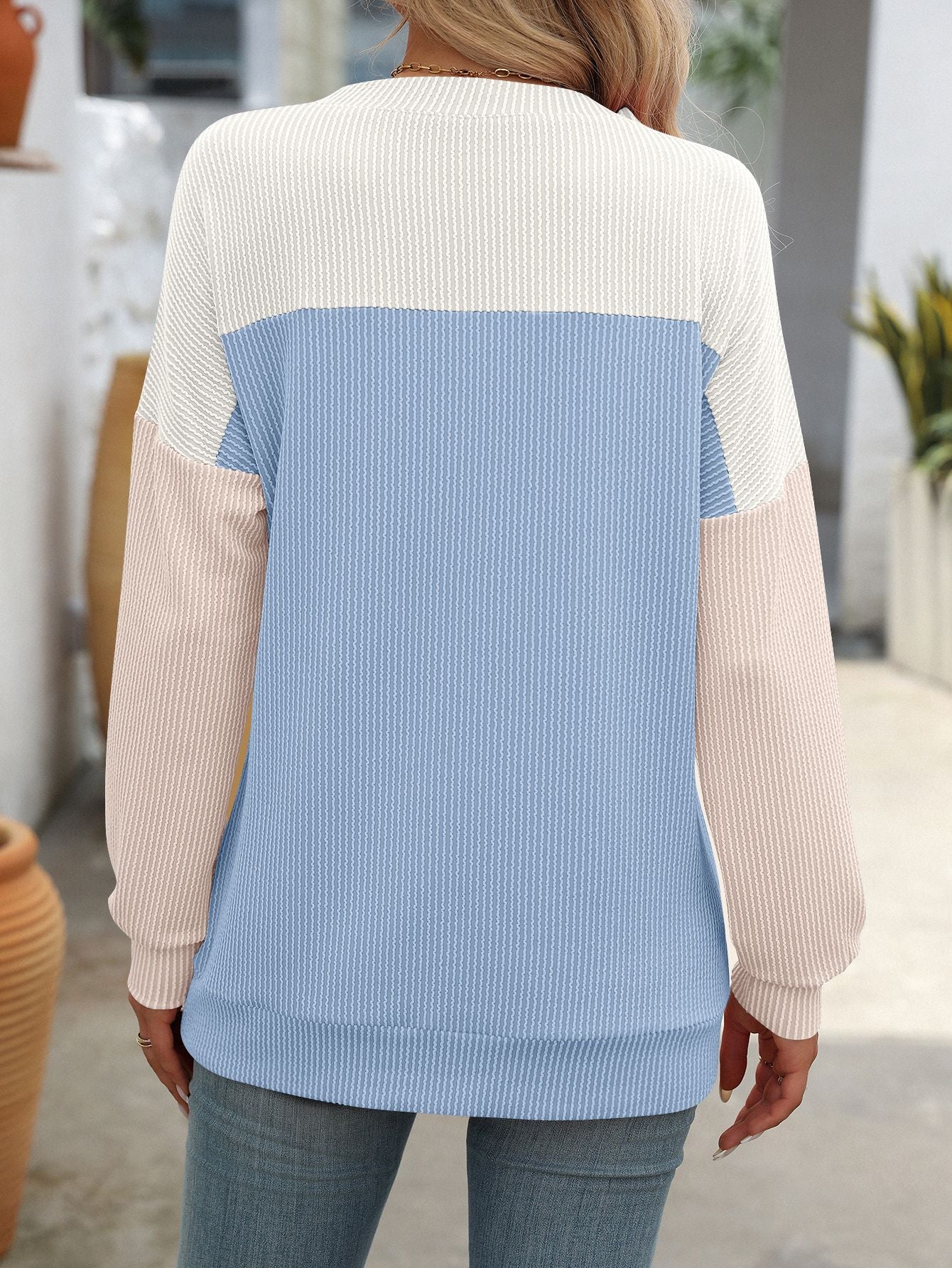 Twist Strip Color Long Sleeve Pullover Sweater