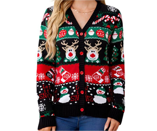 Casual Long Sleeved Reindeer Christmas Cardigan