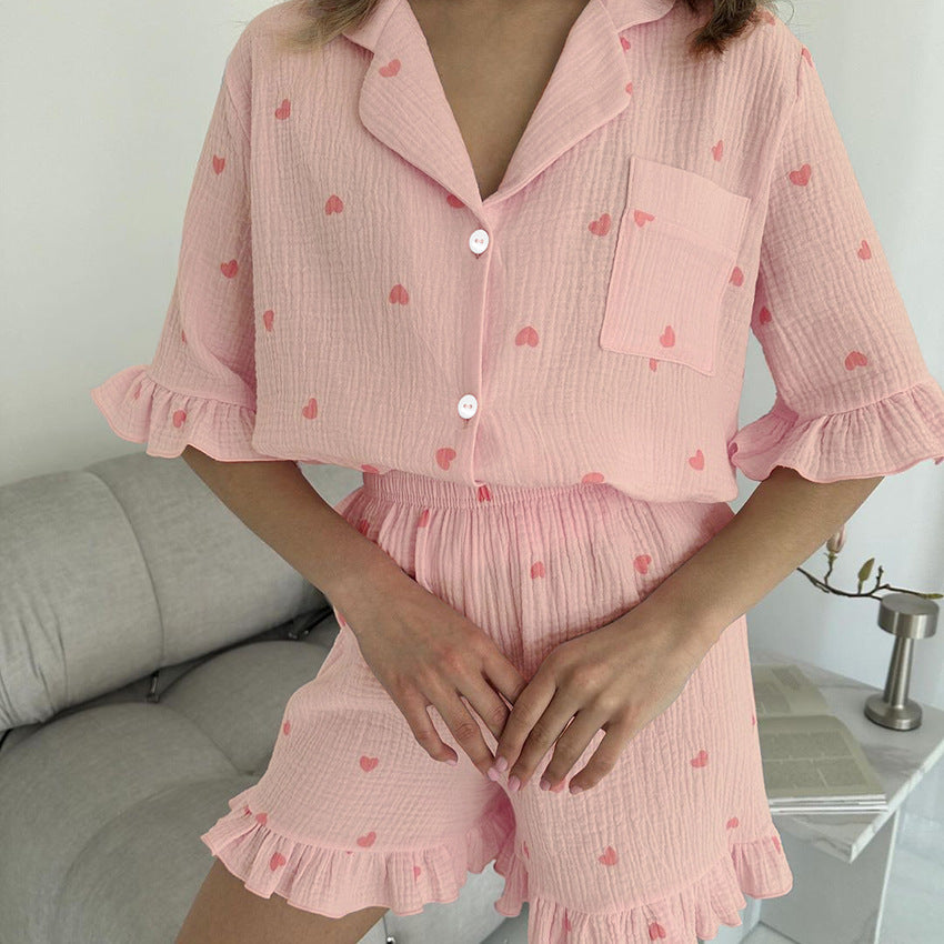 Cotton Heart Ruffled Two-Piece Pajamas Set