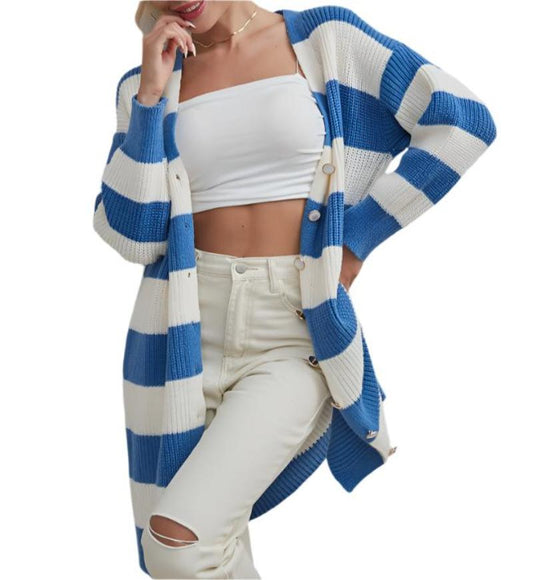 Mid Length Striped Knitted Sweater Cardigan