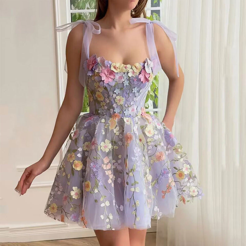 Three Dimensional Floral Embroidered Sheath Sexy Cami Dress