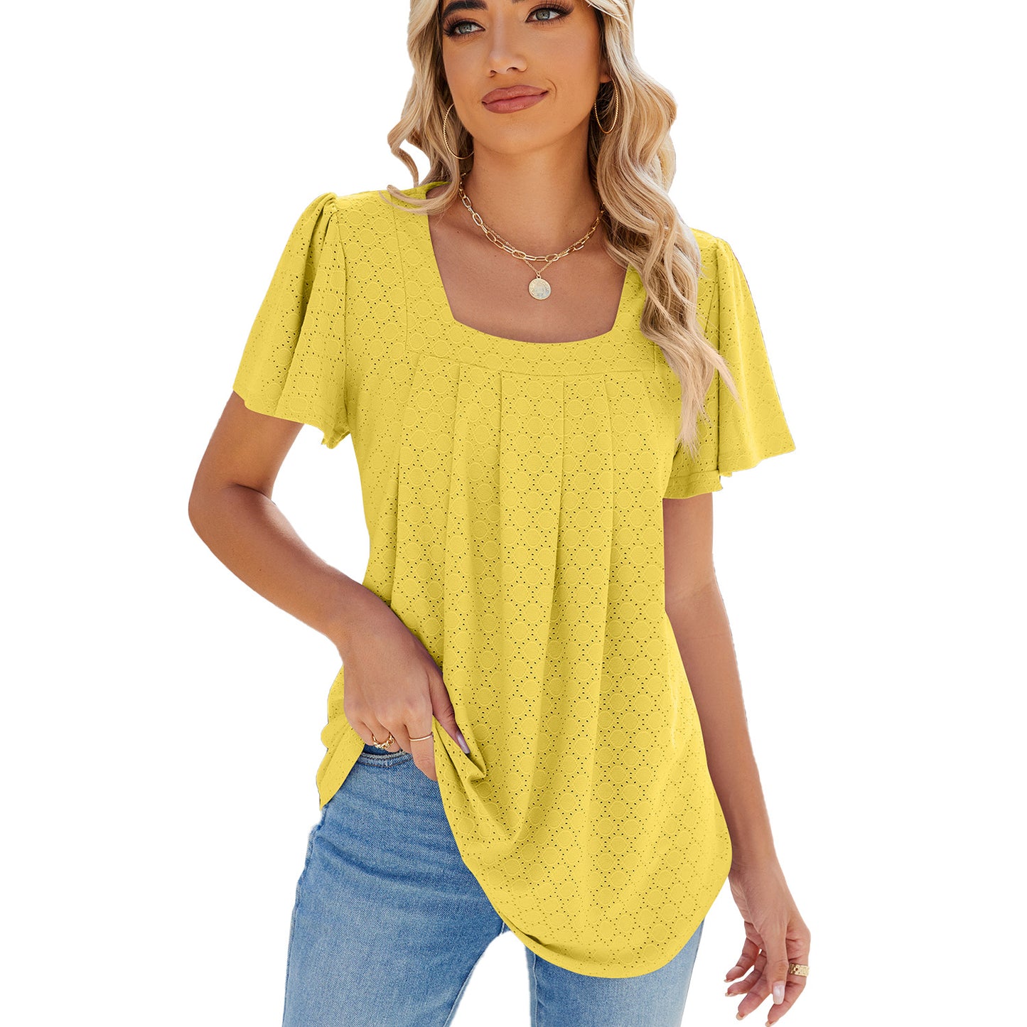 Square Collar Pleated Short Sleeve Loose Fitting Top