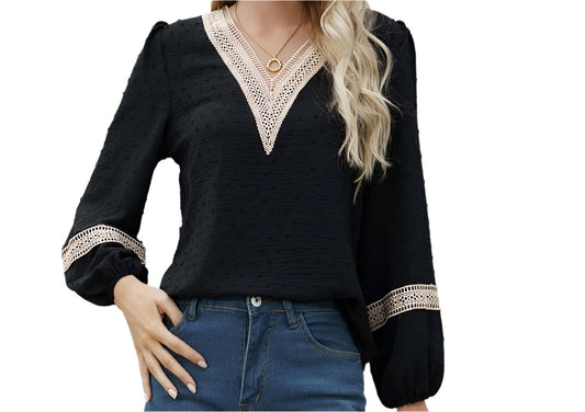 Long Sleeve V-neck Jacquard Shirt Top