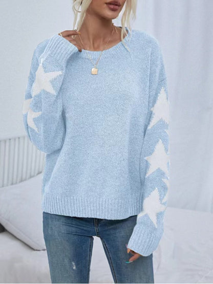 Long Sleeved Knitted Jacquard Round Neck Pullover Sweater