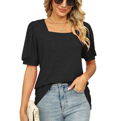 Square Collar Pleated Short Puff Sleeve Top