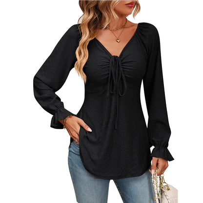 V-Neck Drawstring Girdle Sexy Long Sleeve Top