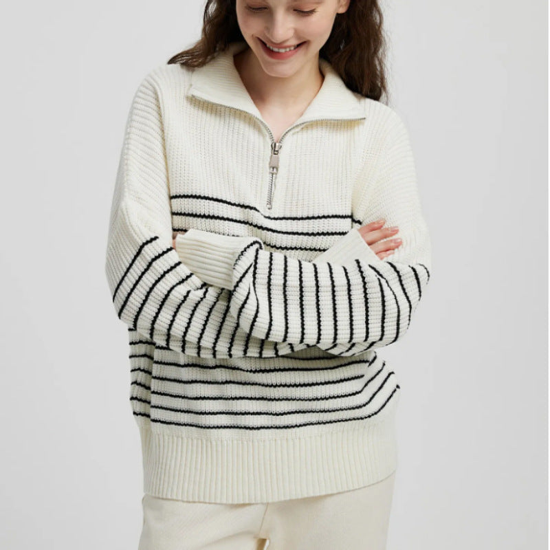 Striped Long Sleeve Zipper Pullover Knitted Sweater