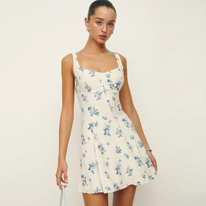 Printed Slip Backless Fresh Sweet Floral A-Line Dress