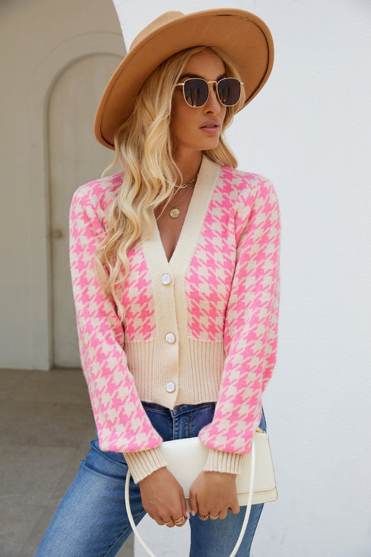 Knitted Houndstooth Jacquard Cardigan Sweater