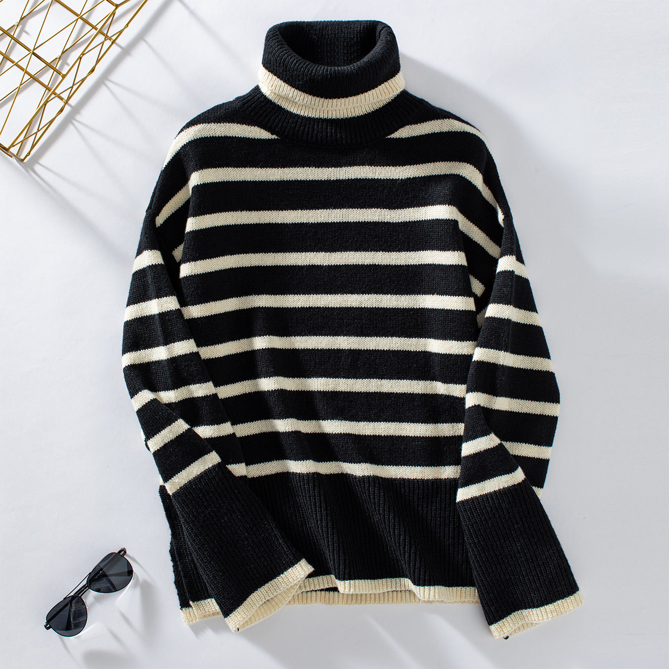 Knitting Pullover Collared Striped Turtleneck Sweater