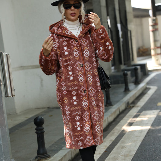 Geometric Abstract Mid-Length Plush Coat