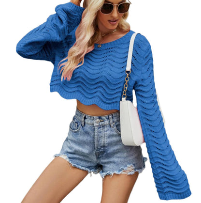 Hollow Cutout Wave Pattern Short Pullover Sweater