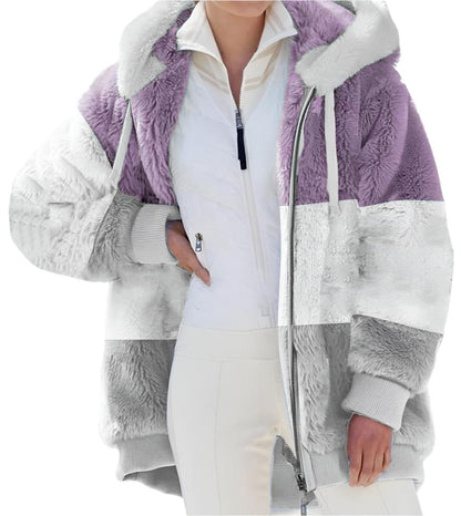 Warm Plush Patchwork Zipper Pocket Hooded Loose Coat