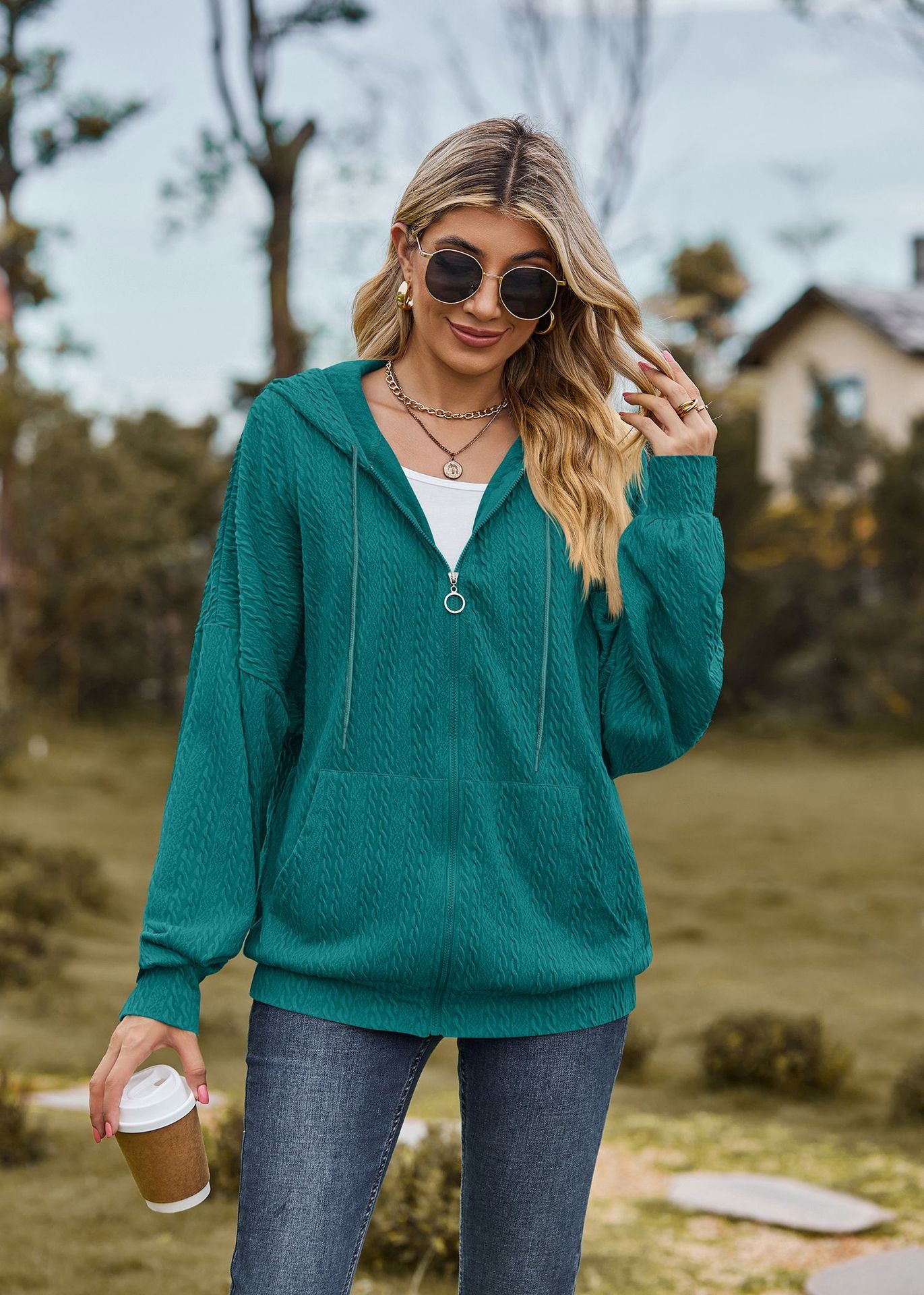 Solid Color Pocket Long-Sleeve Loose Hooded Sweatshirt