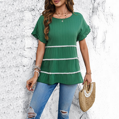 Casual Loose Ruffled Lace Short Sleeve Top