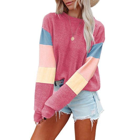 Round Neck Contrast Color Long Sleeve Pullover Sweatshirt