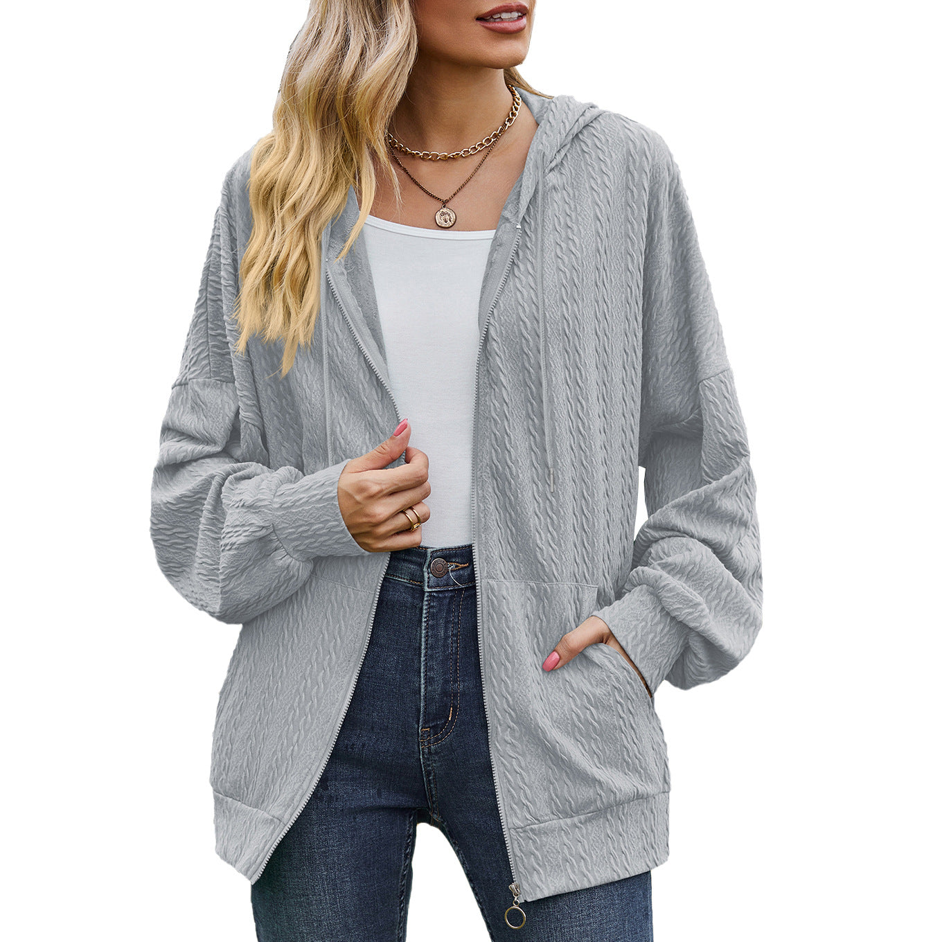 Solid Color Pocket Long-Sleeve Loose Hooded Sweatshirt