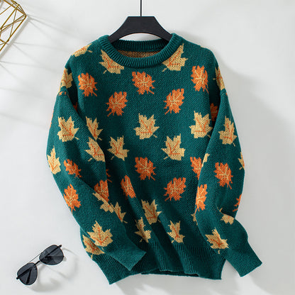 Autumn Maple Leaf Pattern Jacquard Casual Pullover Sweater