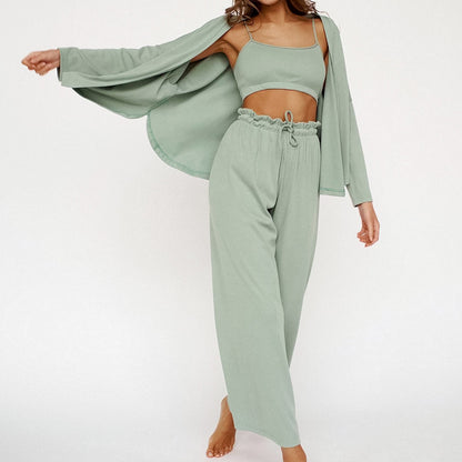 Knitted French Ice Silk Rib Corset Comfortable Pajamas Three-Piece Set