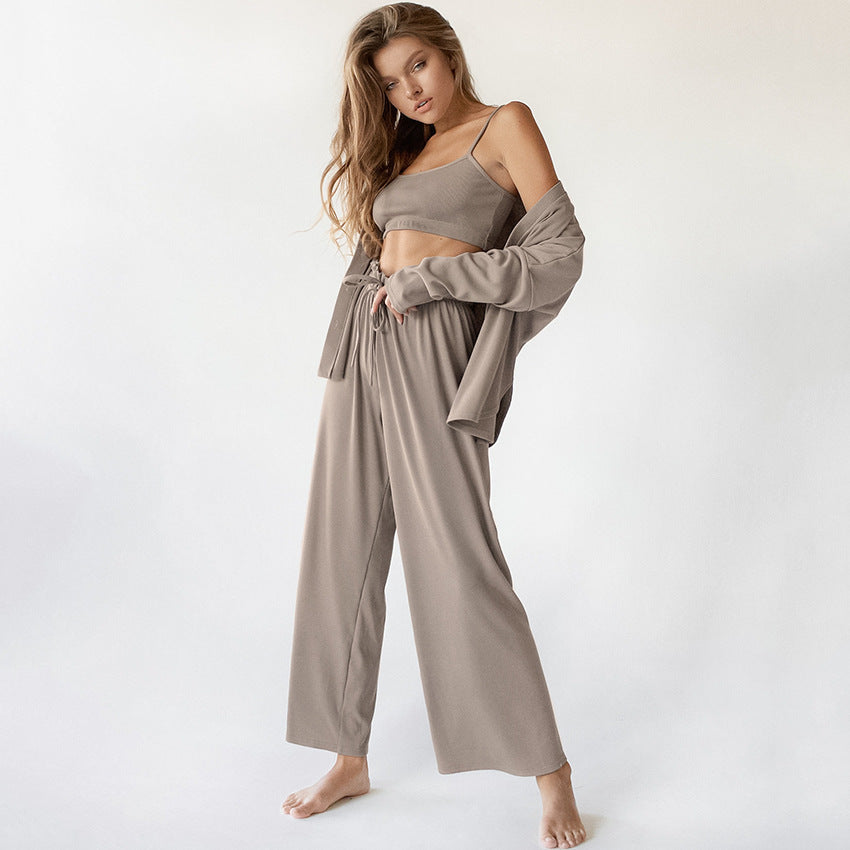 Knitted French Ice Silk Rib Corset Comfortable Pajamas Three-Piece Set