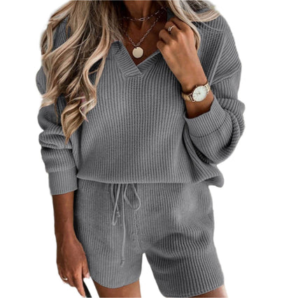 V-Neck Long Sleeve Drawstring Casual Set