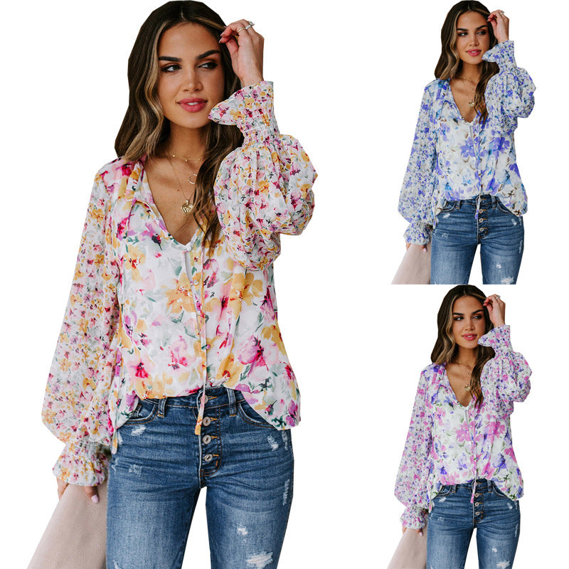 Floral Chiffon Lantern Sleeves Blouse