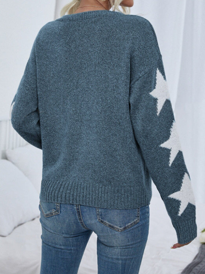 Long Sleeved Knitted Jacquard Round Neck Pullover Sweater