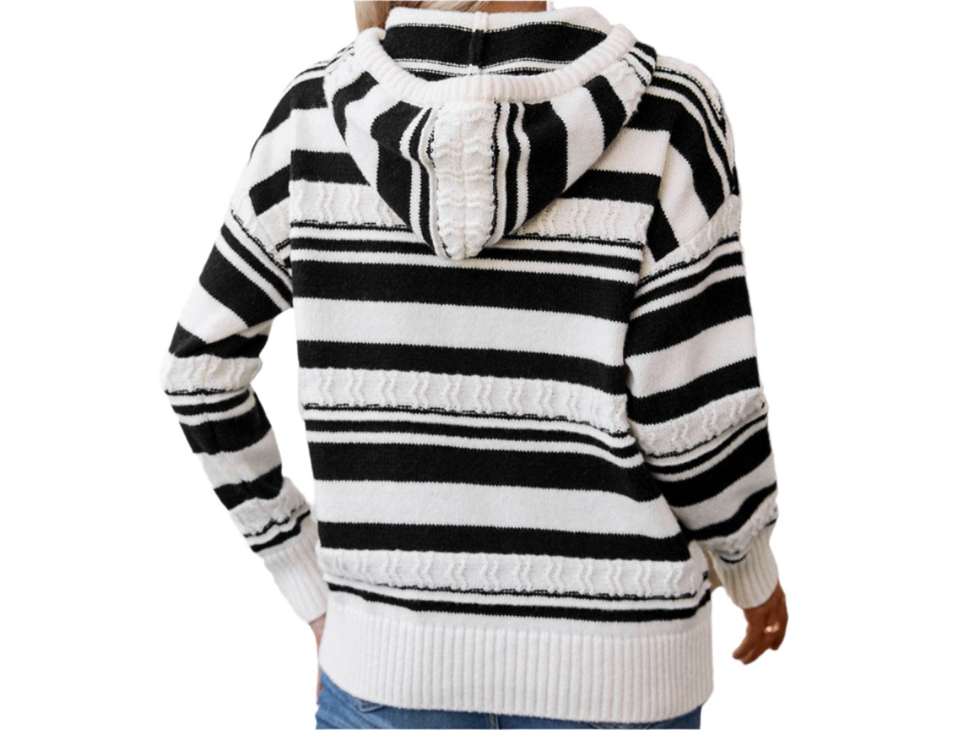 Striped Pullover Hooded Drawstring Knitted Sweater