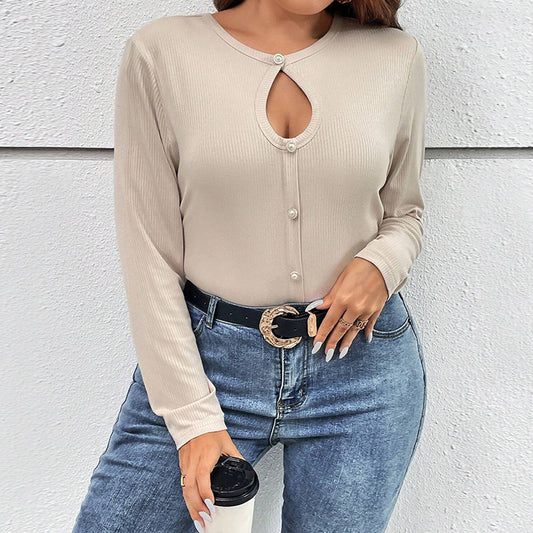 Plus Size Sexy Hollow Cutout Slim Fit Buttoned Long Sleeve Top