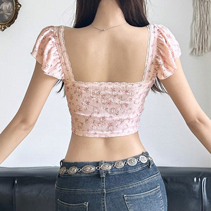 French Floral Lace Flying Sleeve Chest Flattering Pleated Asymmetric Cinched Slim Top