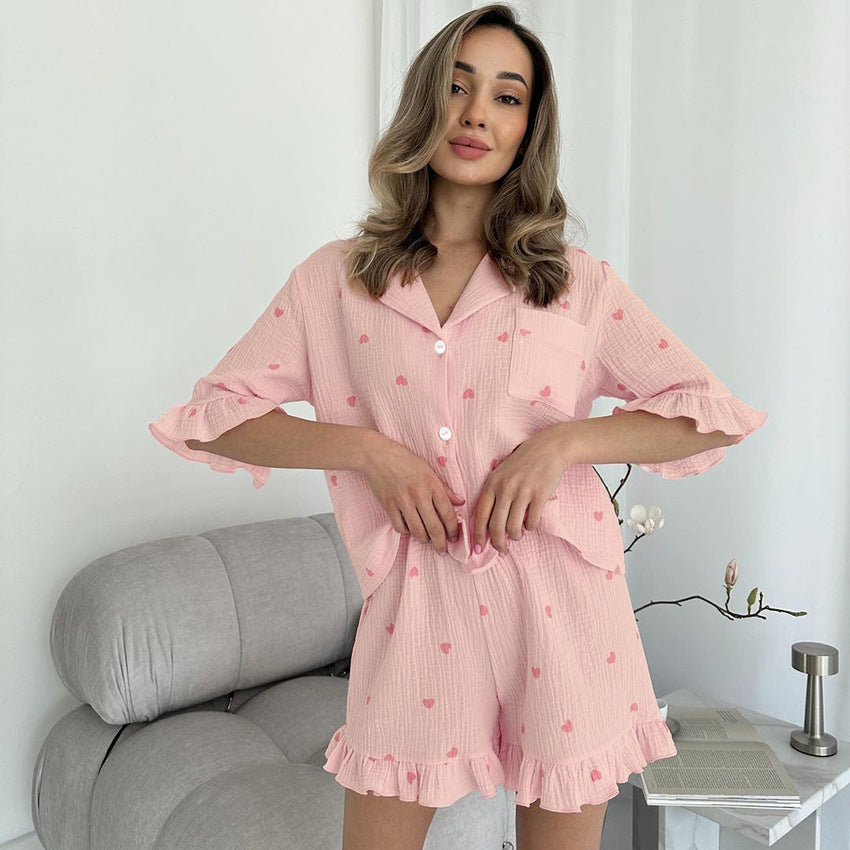 Cotton Heart Ruffled Two-Piece Pajamas Set