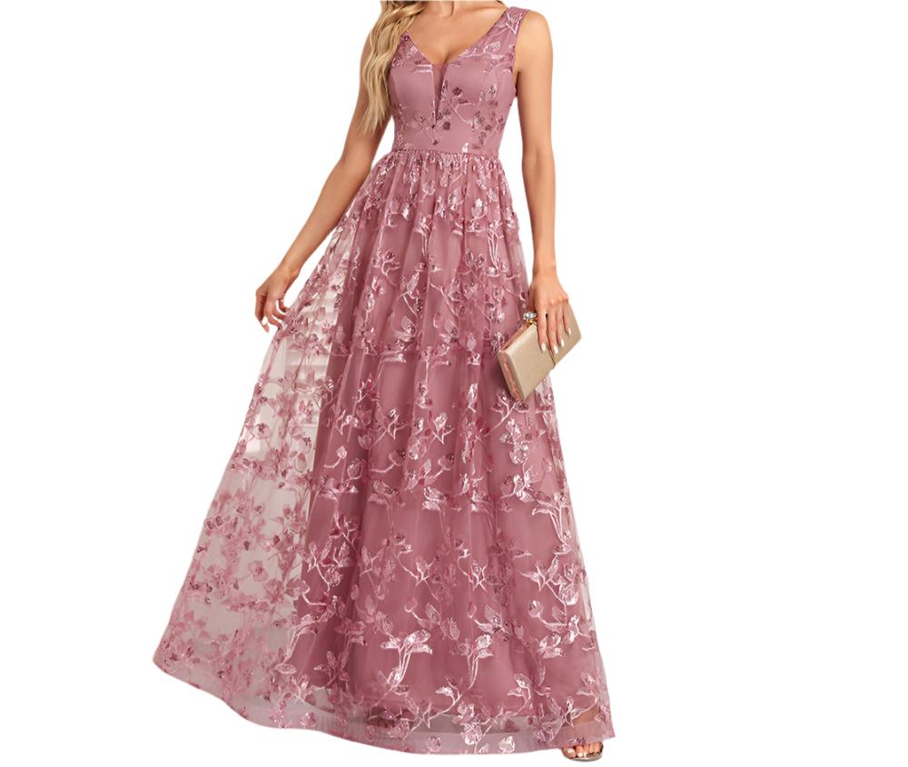 Mesh Floral Print Evening Dress