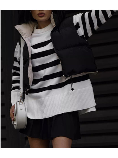 Pullover Crew Neck Contrast Color Striped Slit Sweater