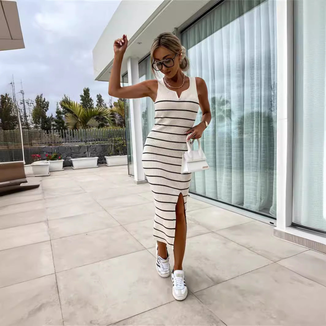 Sexy Striped Knitted Skinny Hip Sleeveless Split Mid Length Dress