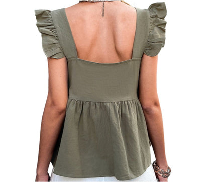 Solid Color U-Collar Ruffled Sleeveless Top