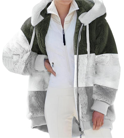 Warm Plush Patchwork Zipper Pocket Hooded Loose Coat