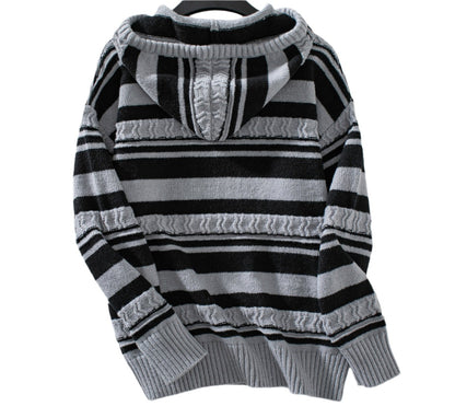 Striped Pullover Hooded Drawstring Knitted Sweater