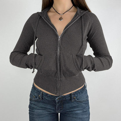 Sexy Retro Solid Color Waist Slimming Thread Zipper Design Hoodie Jacket
